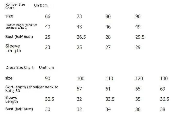 Romper and dress size chart in centimeters showing measurements for clothes length, bust, and sleeve length by size
