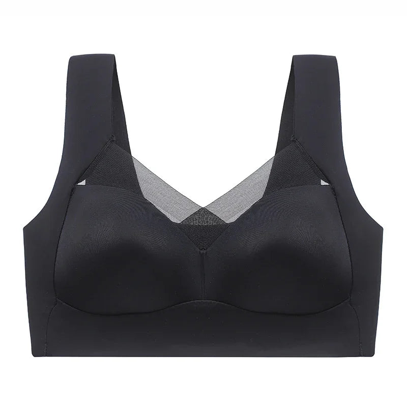 Black wireless bra with mesh V-neck design on a white background