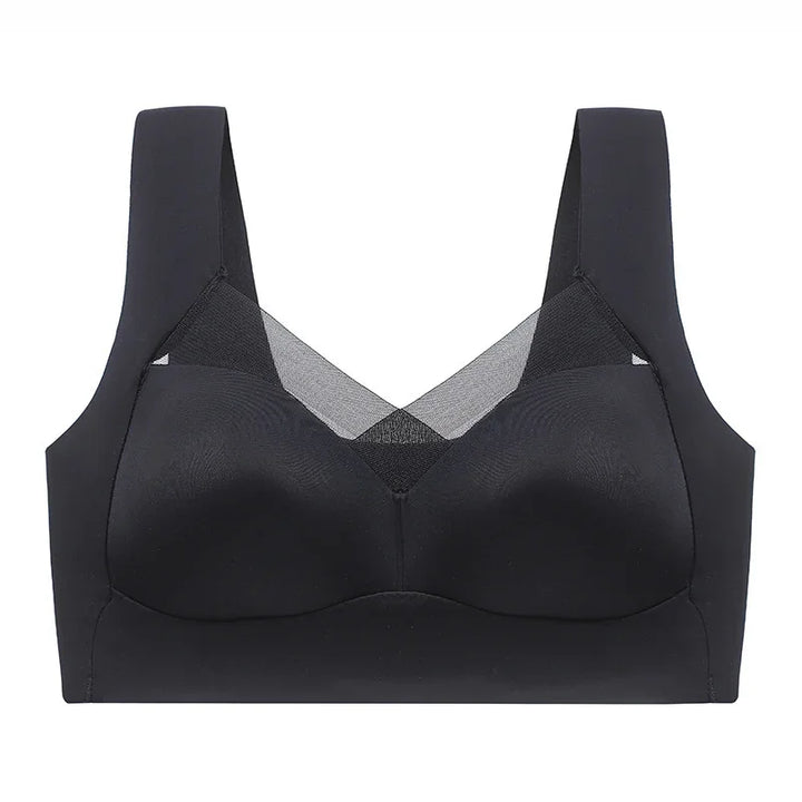 Black wireless bra with mesh V-neck design on a white background