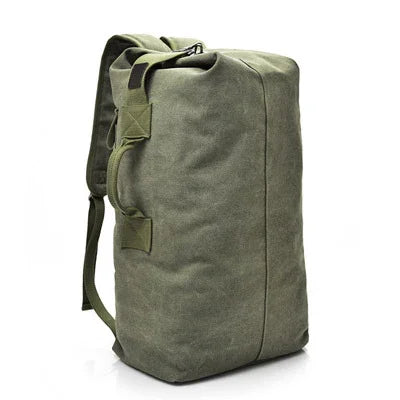 olive green canvas duffel bag with sturdy handles and adjustable shoulder strap on white background