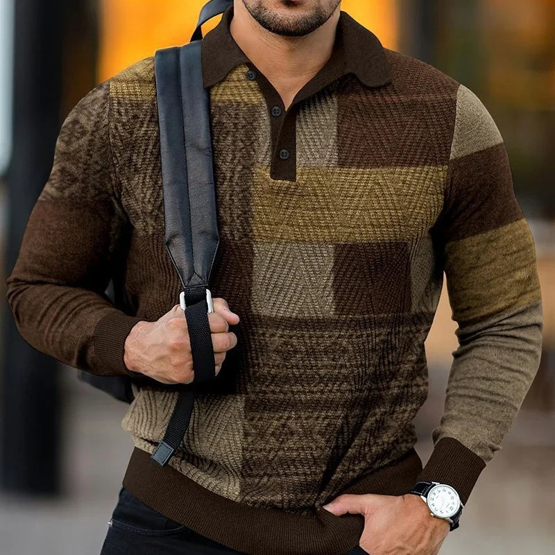 Man wearing brown and beige checkered long-sleeve polo sweater with black backpack strap and wristwatch