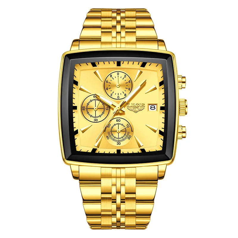 LIGE gold stainless steel men's wristwatch with square dial, chronograph, and date display