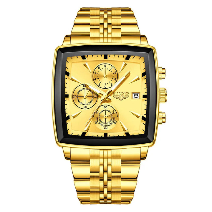 LIGE gold stainless steel men's wristwatch with square dial, chronograph, and date display