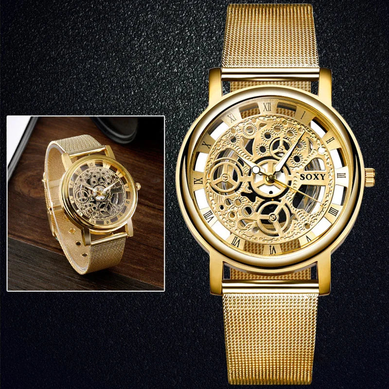 Gold mesh band wristwatch with visible mechanical gears and Roman numerals on black background