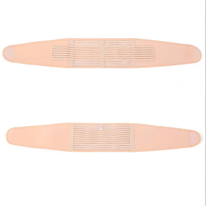 Beige elastic lumbar support belt with adjustable straps and Velcro closures shown flat