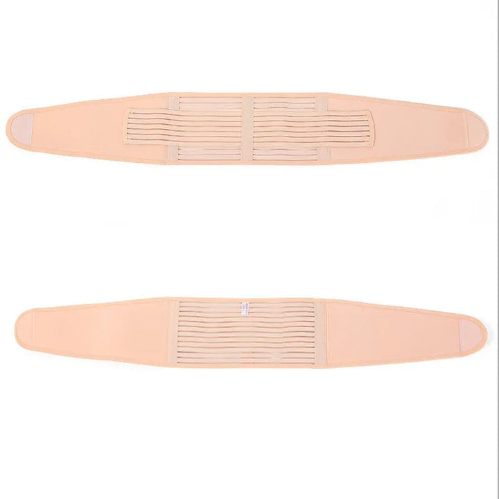 Beige elastic lumbar support belt with adjustable straps and Velcro closures shown flat