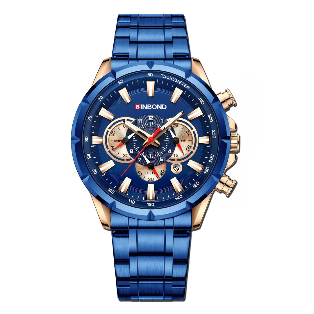 Blue and gold men's BINBOND tachymeter watch with stainless steel band, chronograph dials