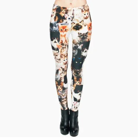 Women's leggings with colorful kitten cat print paired with black ankle boots