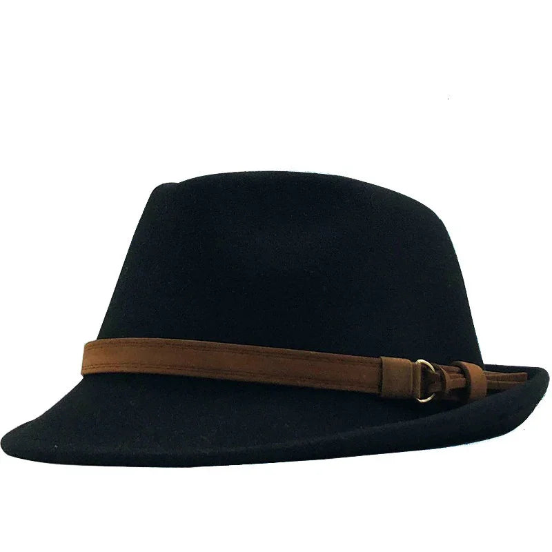 Black fedora hat with brown leather strap and buckle detail