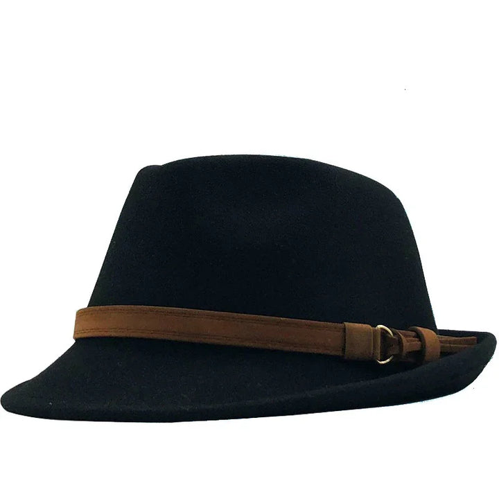 Black fedora hat with brown leather strap and buckle detail