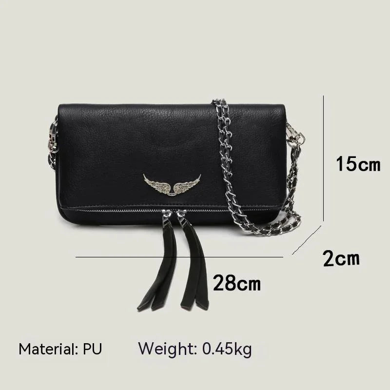 Black PU leather crossbody bag with silver wing emblem and chain strap, 28x15x2 cm