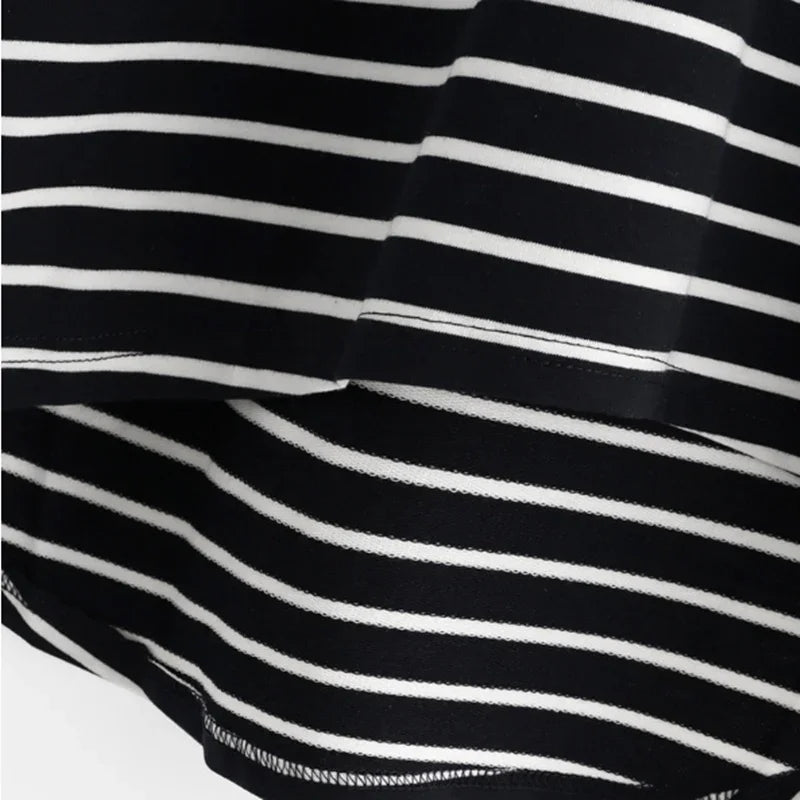 Close-up of black fabric with white horizontal stripes and visible stitching details