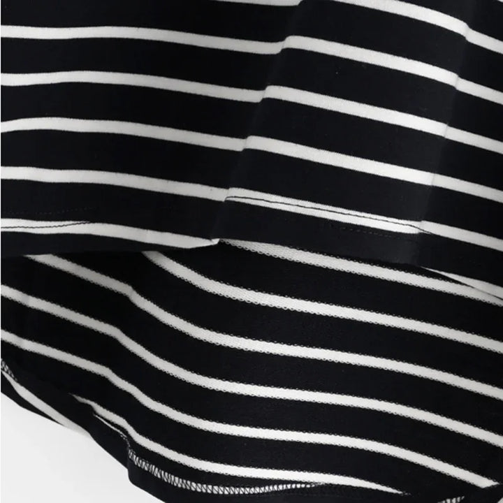Close-up of black fabric with white horizontal stripes and visible stitching details