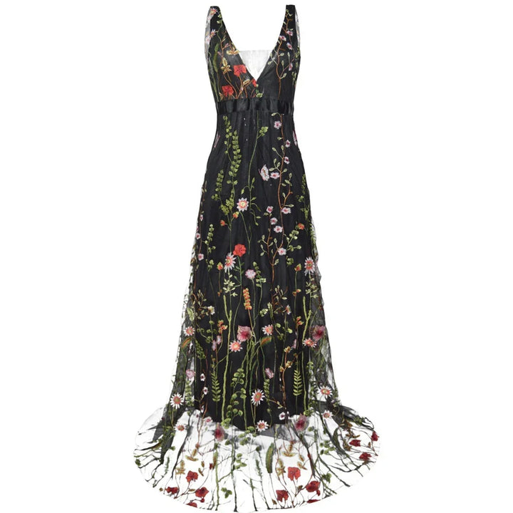 Black sleeveless evening gown with deep V-neck and colorful floral embroidery design