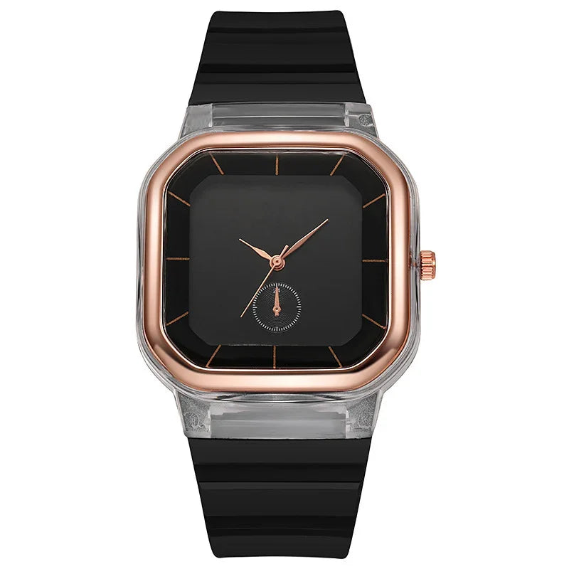 square black watch with rose gold bezel and black silicone strap
