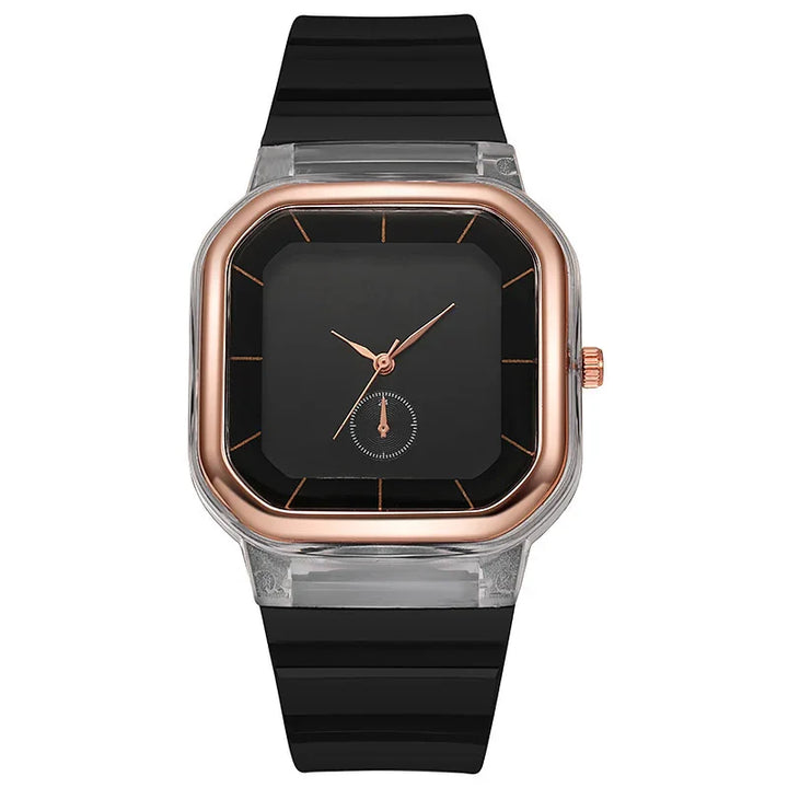 square black watch with rose gold bezel and black silicone strap
