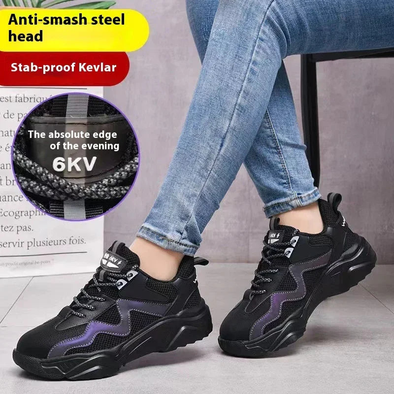 Black and purple safety sneakers with anti-smash steel head and stab-proof Kevlar, worn with blue jeans