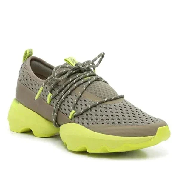Taupe and neon yellow mesh sneaker with chunky sole and reflective laces