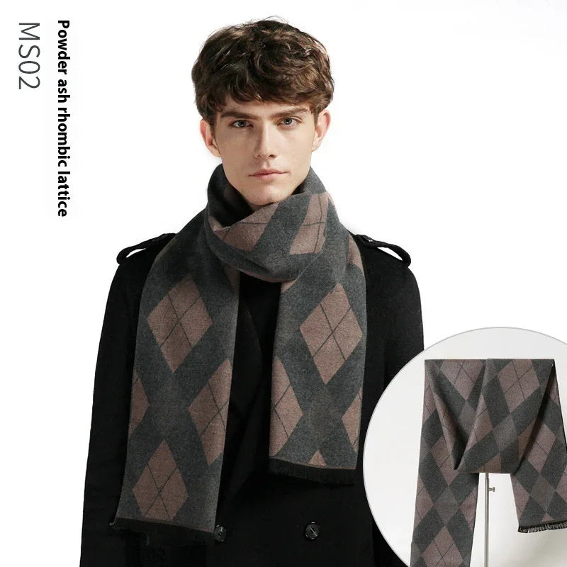 Man wearing powder ash rhombic lattice scarf in gray and brown with black coat on white background