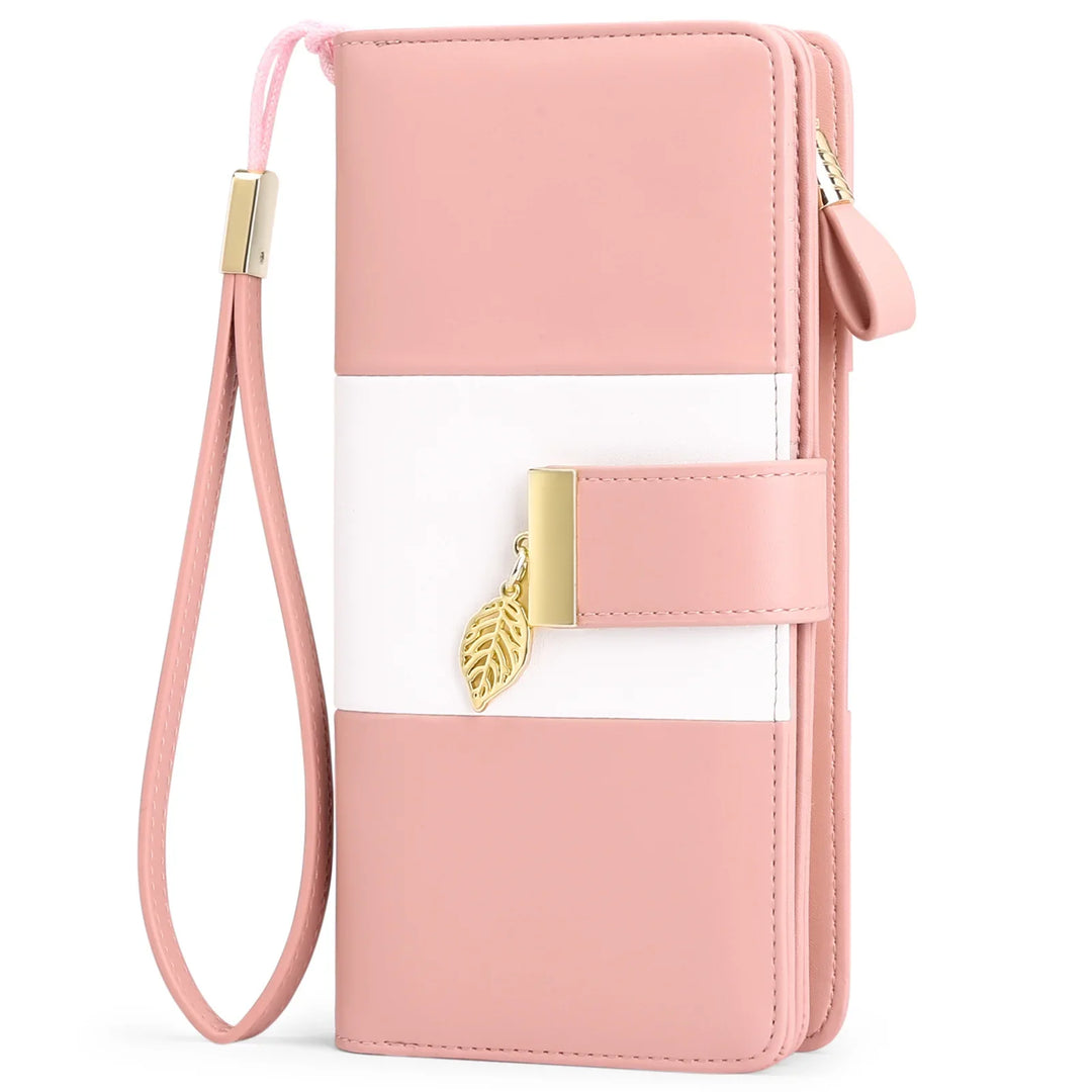 Pink and white women's wristlet wallet with gold leaf charm and zipper closure