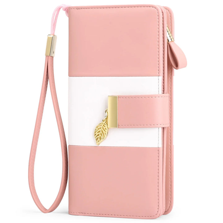 Pink and white women's wristlet wallet with gold leaf charm and zipper closure