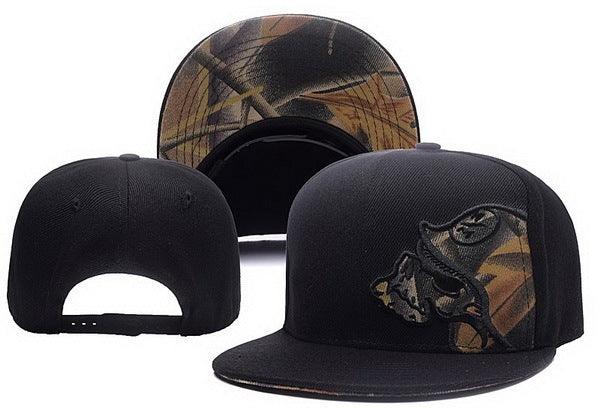 Black snapback cap with camouflage fish embroidery and camo pattern under the brim
