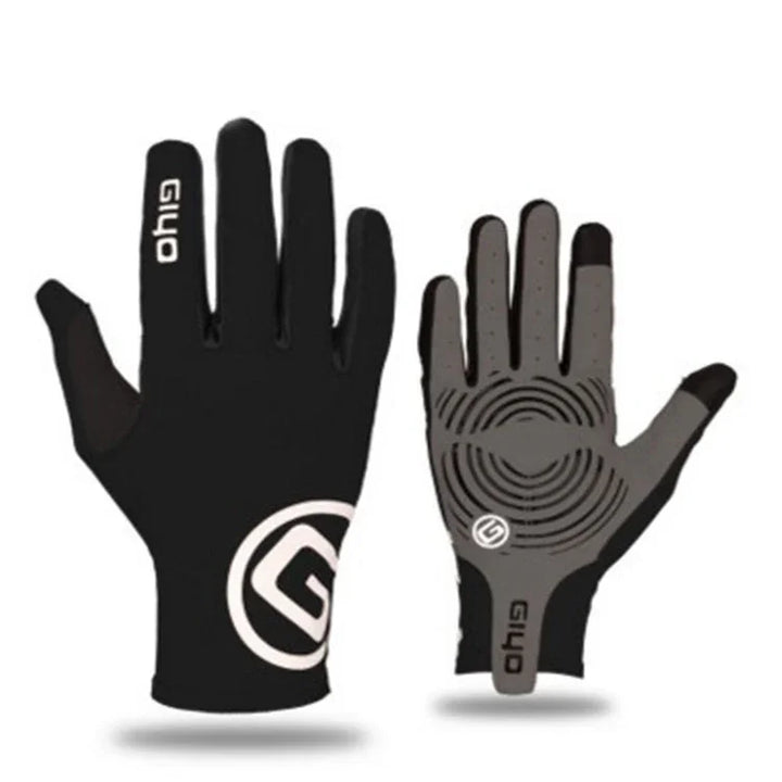Black and gray Giyo branded cycling gloves with grip patterns on palm and logo on back