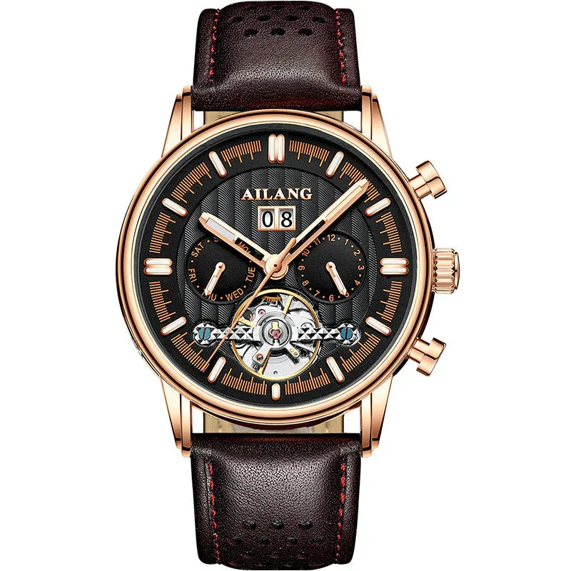 AILANG men's luxury wristwatch with black dial, rose gold case, day and date subdials, and brown leather strap