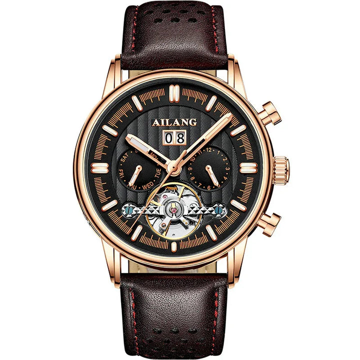 AILANG men's luxury wristwatch with black dial, rose gold case, day and date subdials, and brown leather strap