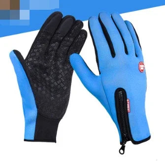 Pair of blue outdoor gloves with black palm grips and zipper on the back