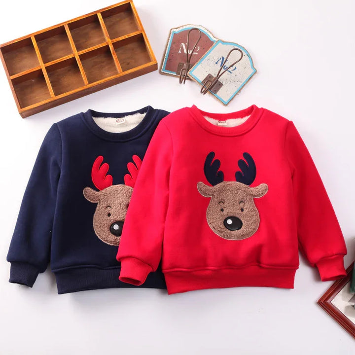 Children's cozy sweatshirts in red and navy blue with cute reindeer face and antler designs