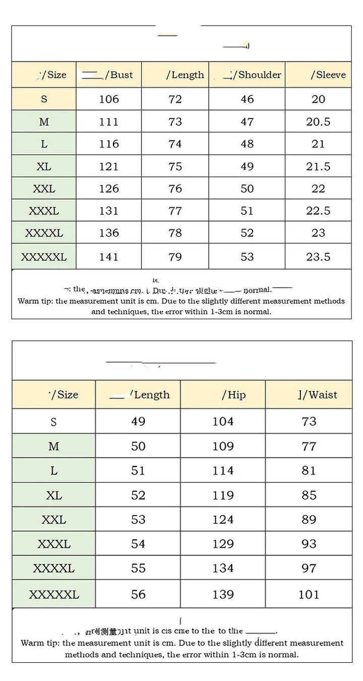 Size chart tables showing bust, length, shoulder, sleeve, hip, and waist measurements in cm for clothing sizes S to XXXXXL