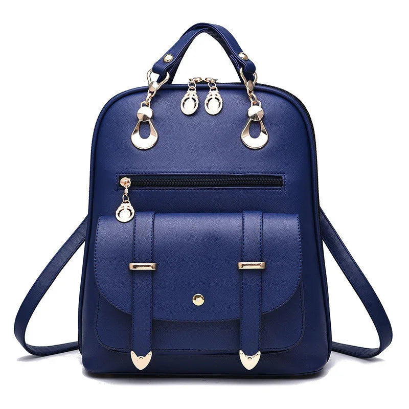 stylish navy blue leather backpack with gold hardware, front zip pocket, and flap closure