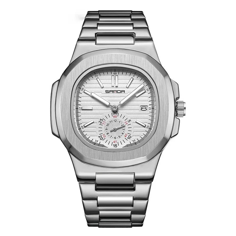 Silver SAMDA stainless steel wristwatch with white dial and date display