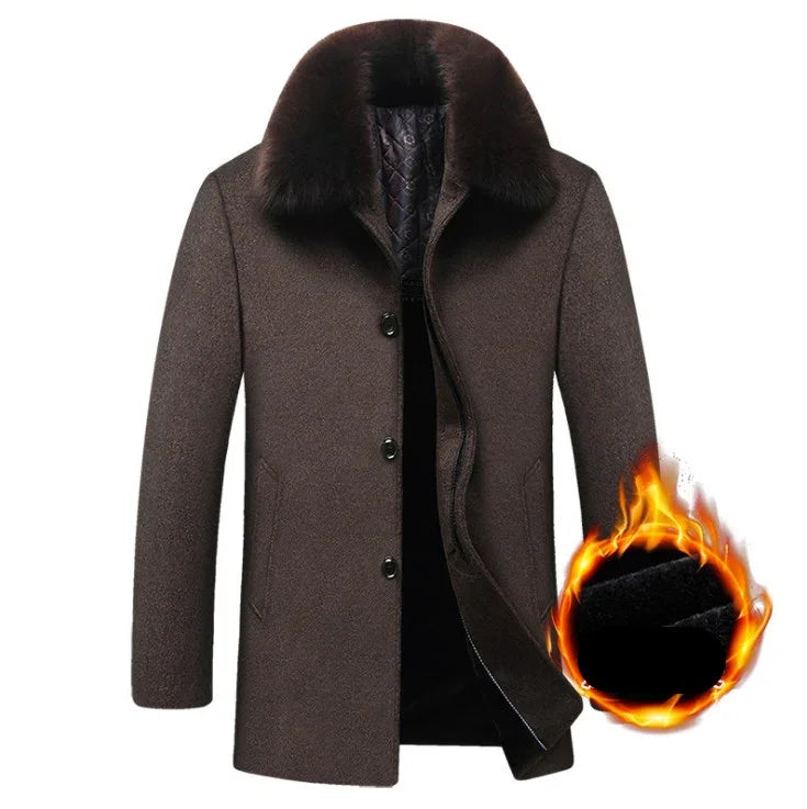 Brown men's winter coat with fur collar and quilted inner lining, featuring warm thermal insulation