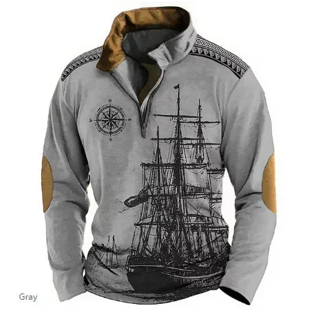 Gray quarter-zip pullover with black vintage sailing ship and compass design, brown elbow patches and collar lining