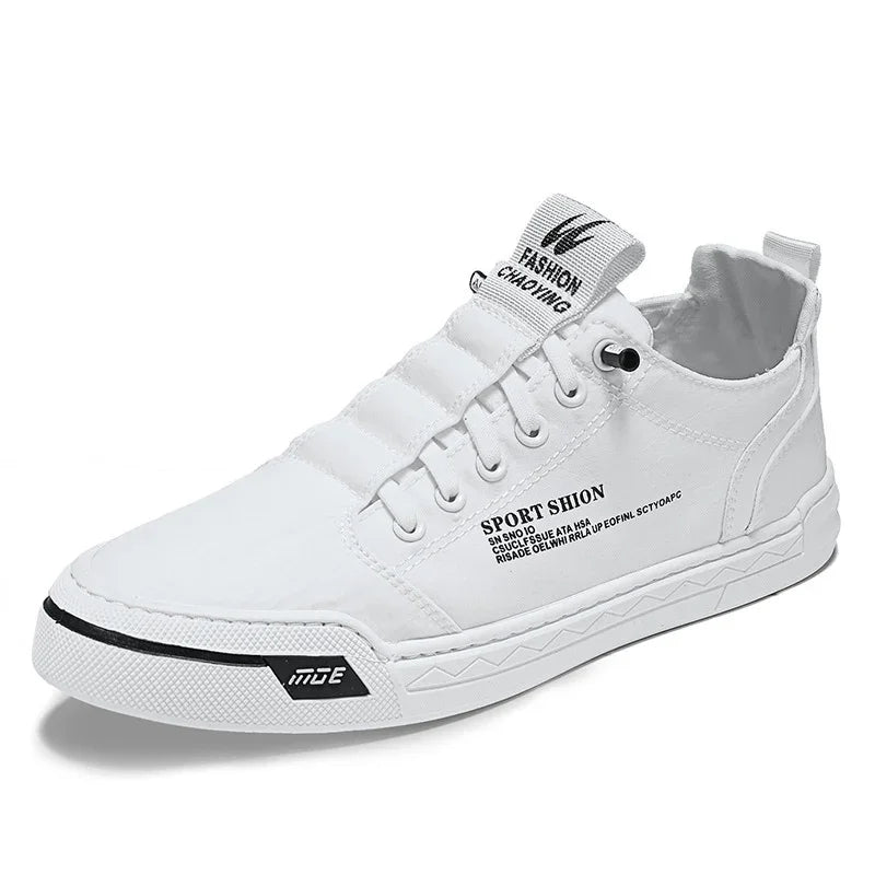 White casual sneaker with black text design, lace-up closure, and durable rubber sole