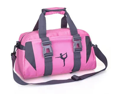 Pink gym duffel bag with black straps and a dancer silhouette on the front