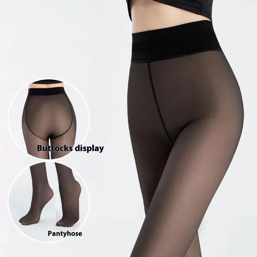 Black sheer pantyhose with a high waist, close-up on legs and inset showing back detail