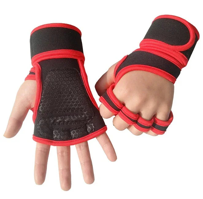 Black and red fingerless workout gloves with wrist support on hands against white background
