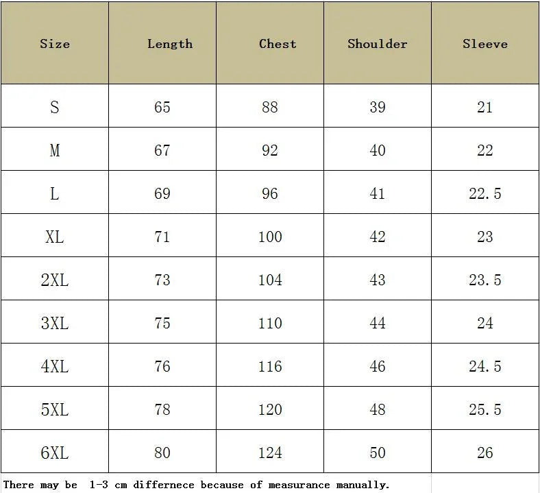 Size chart displaying length, chest, shoulder, and sleeve measurements for sizes S to 6XL in cm