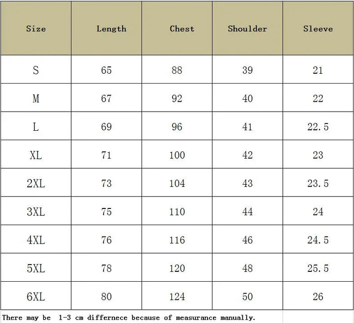 Size chart displaying length, chest, shoulder, and sleeve measurements for sizes S to 6XL in cm