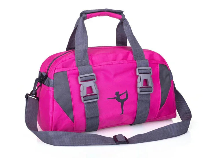 Pink and gray gym duffel bag with yoga dancer silhouette, adjustable shoulder strap