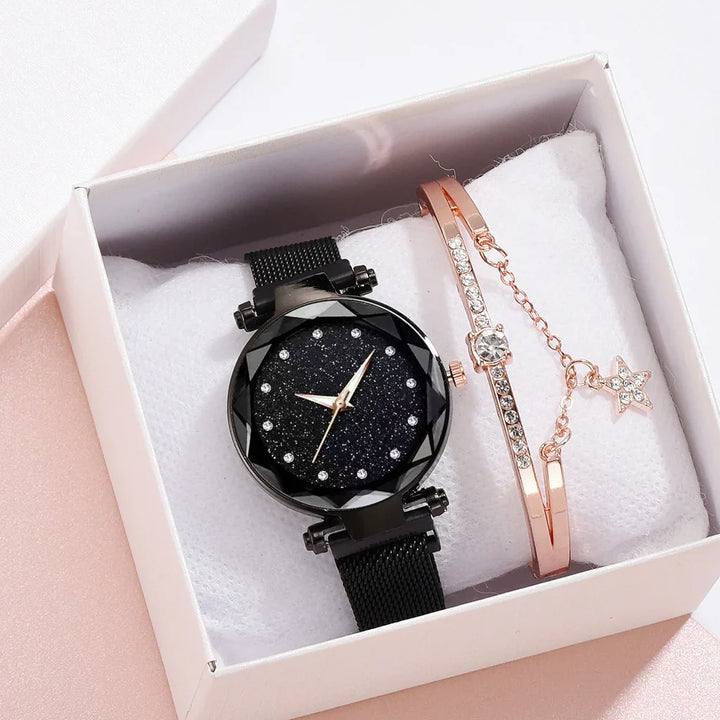 Black glitter dial watch with black mesh band and rose gold rhinestone bracelet with star charm in white box