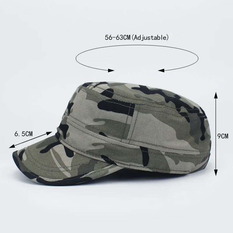 Adjustable camouflage military style cap with dimensions 56-63cm circumference, 9cm height, 6.5cm brim