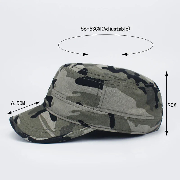 Adjustable camouflage military style cap with dimensions 56-63cm circumference, 9cm height, 6.5cm brim