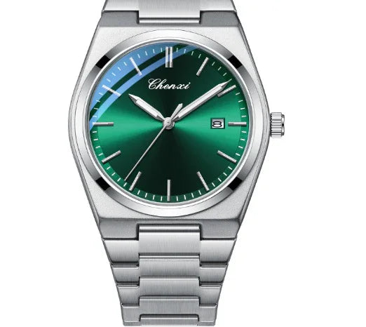Chenxi wristwatch with green sunburst dial, silver hour markers, date display, and metal bracelet