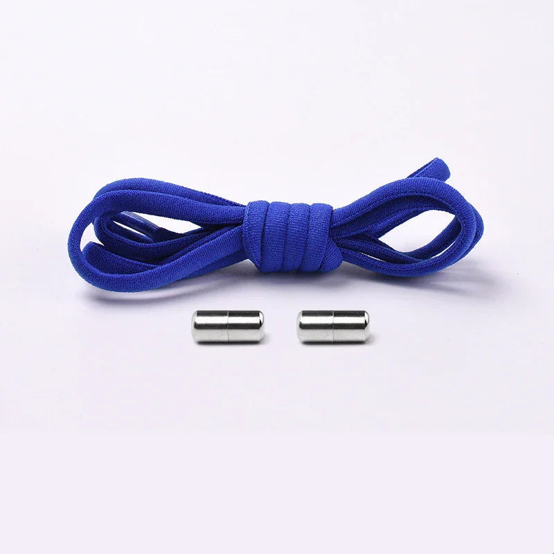 Blue elastic no tie shoelaces with two silver metal aglets on white background