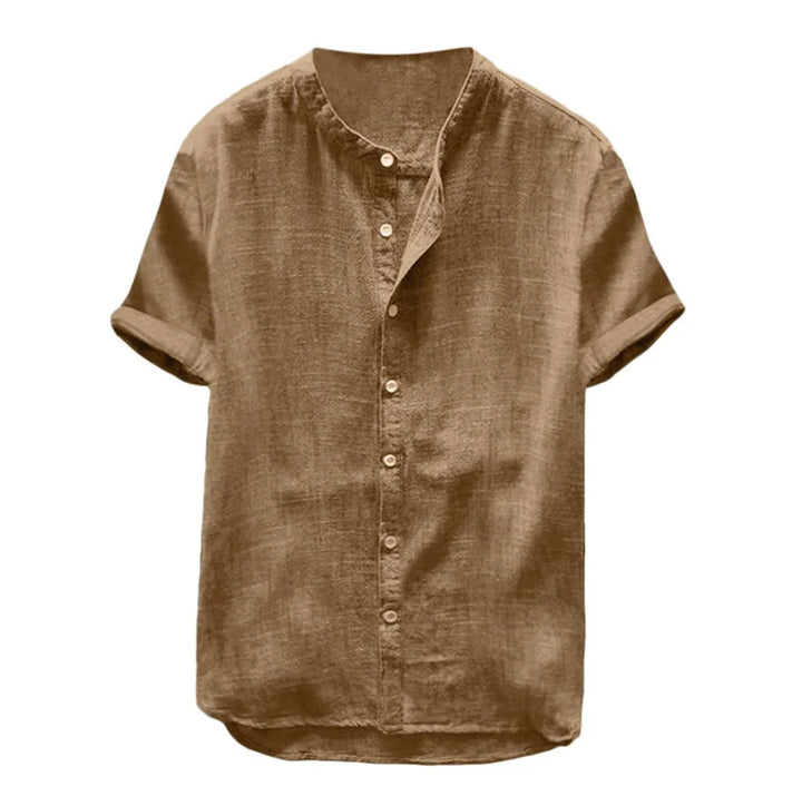 Brown short sleeve linen shirt with mandarin collar and button-down front
