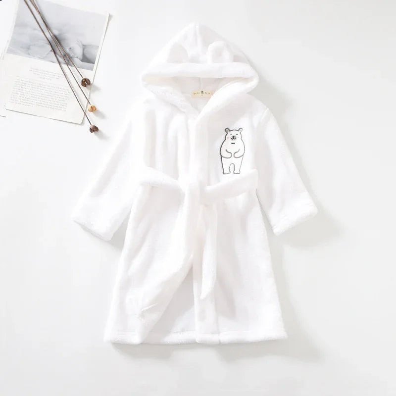 White hooded baby bathrobe with bear embroidery and belt on white background